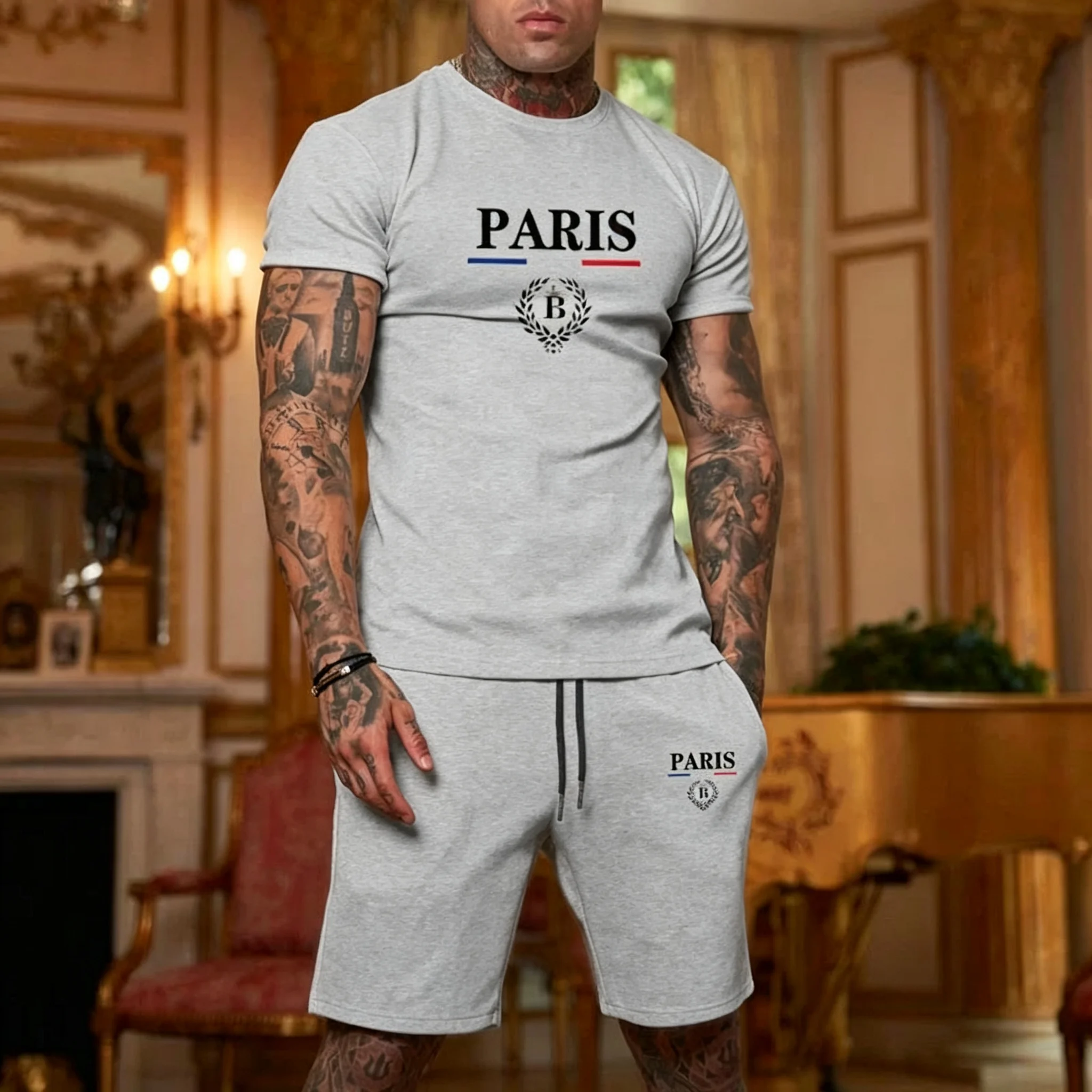 Man‘s Model Promotional Summer Men's Fashion Short-Sleeved T-Shirt + Shorts Set - Two-Piece Set - Sporty and Casual Clothing - view 5
