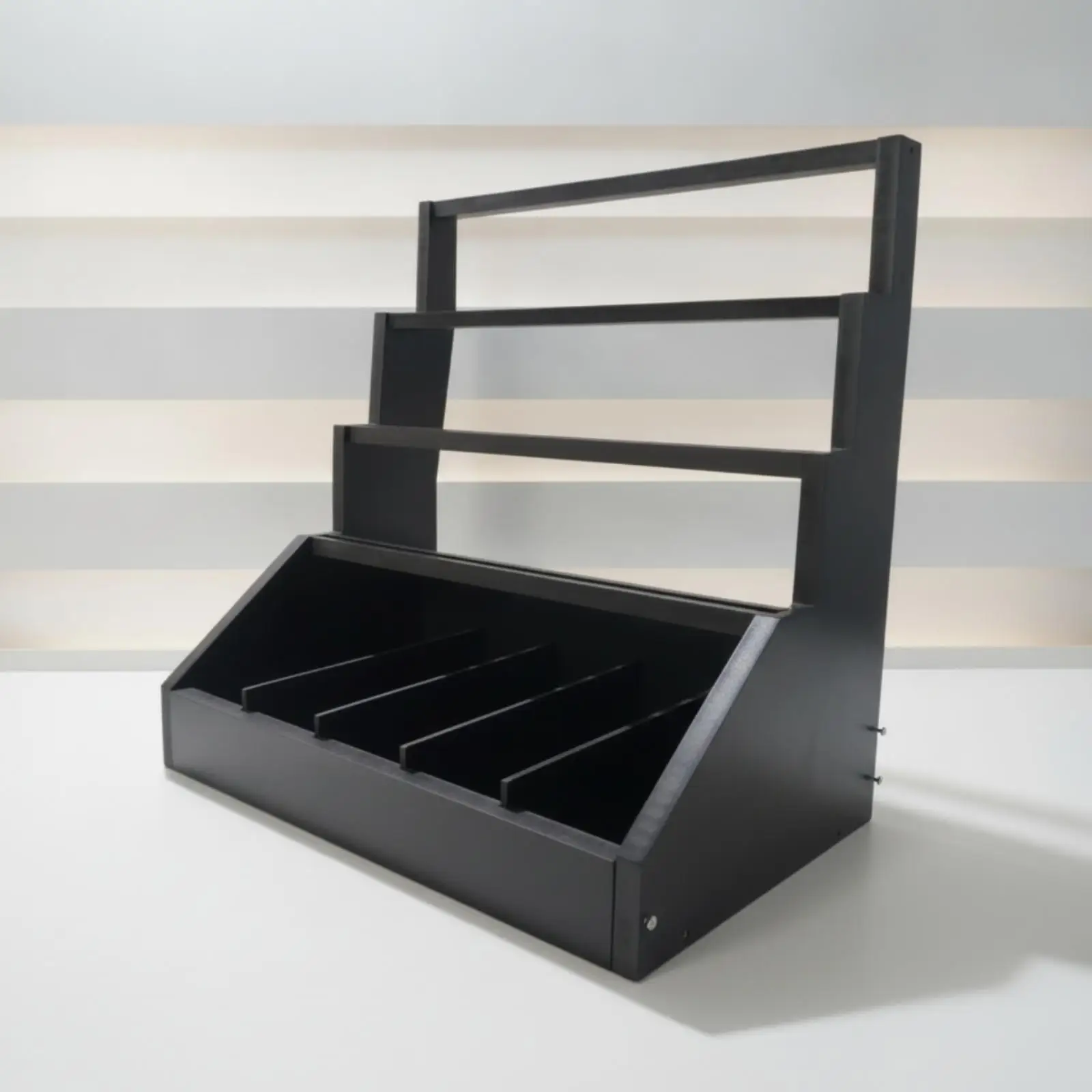 6 Tier Card Display Rack Black Wooden Tabletop Organizer for Trading Card Storage with Open Base Shelf