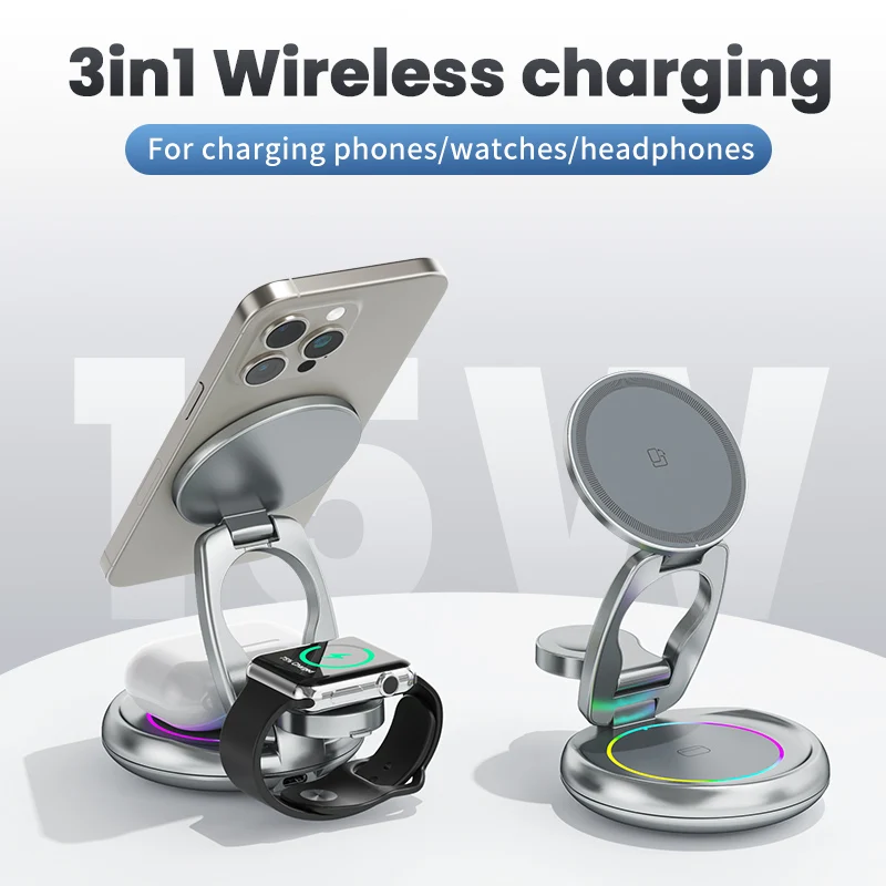 

3 in 1 15W Wireless Charger Station for Phone/Smart Watch/Earphone with Magnetic 360° Rotating Foldable LED Light Charging Stand