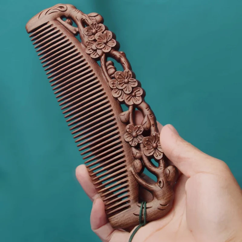

⭐ Natural Sandalwood Combs Solid Wood Exquisite Carving Lotus Comb Anti-Static Beard Comb Handicraft Hair Styling Gift's Gift