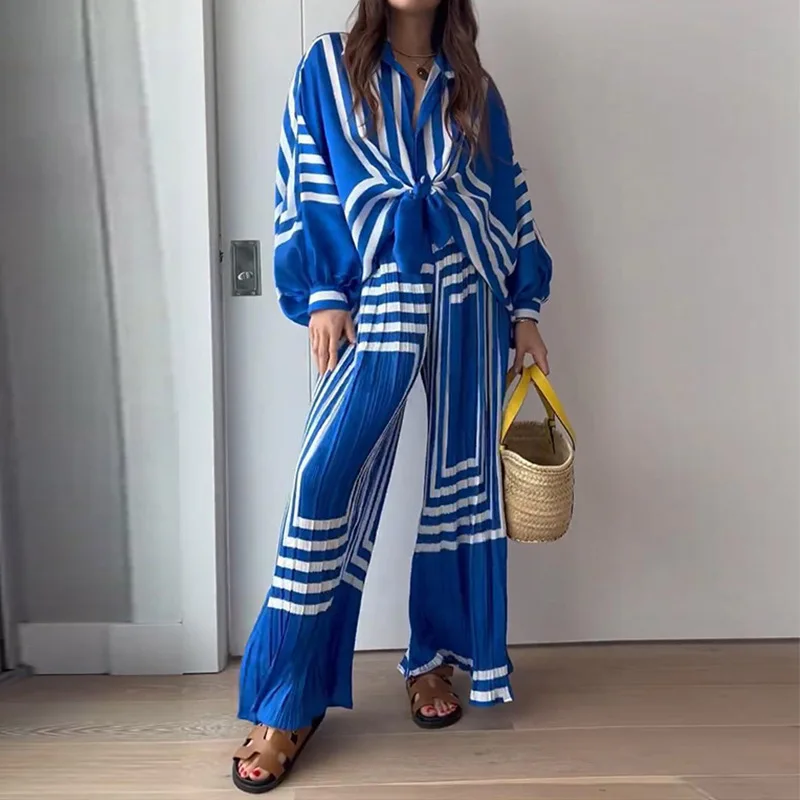 Faion Long Sve Cardigan aperto da donna Pantaloni a gamba dritta a vita alta Set da due pezzi Abito estivo casual Tessuto in poliestere