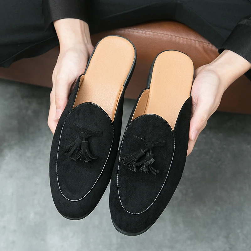 Plus Size Summer Mules Men Half Shoes Backless Loafers Slippers Leather Semi-Drag Mens Casual Shoes Male Slides Flat Sandals