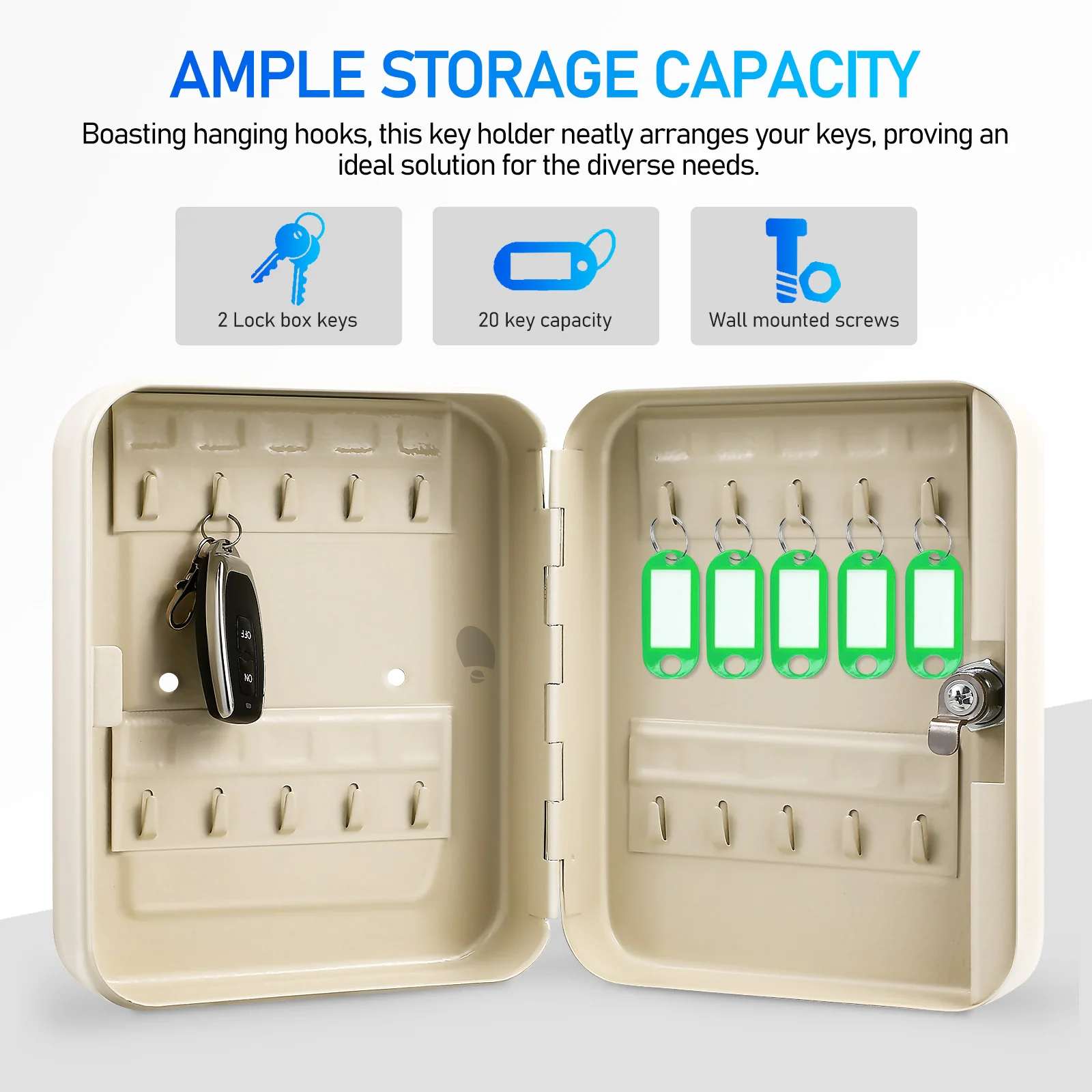 20 Position Key Cabinet with Lock Iron Security Storage Box Wall Mount Organizer for Home Office Rental Use Key Lock Box