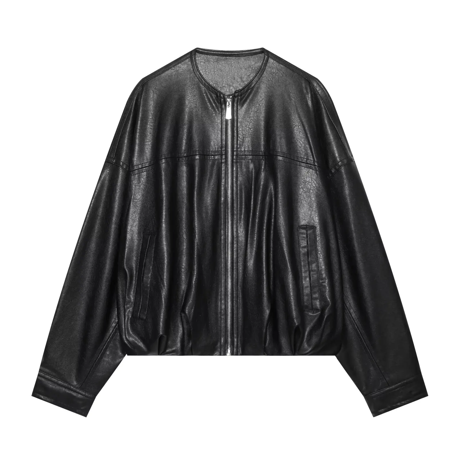 Guobioziy Women's Leather Jacket 2026 Fall New O-Neck Pocket Fashion Loose Zipper Women's Coat Women's Winter Jacket