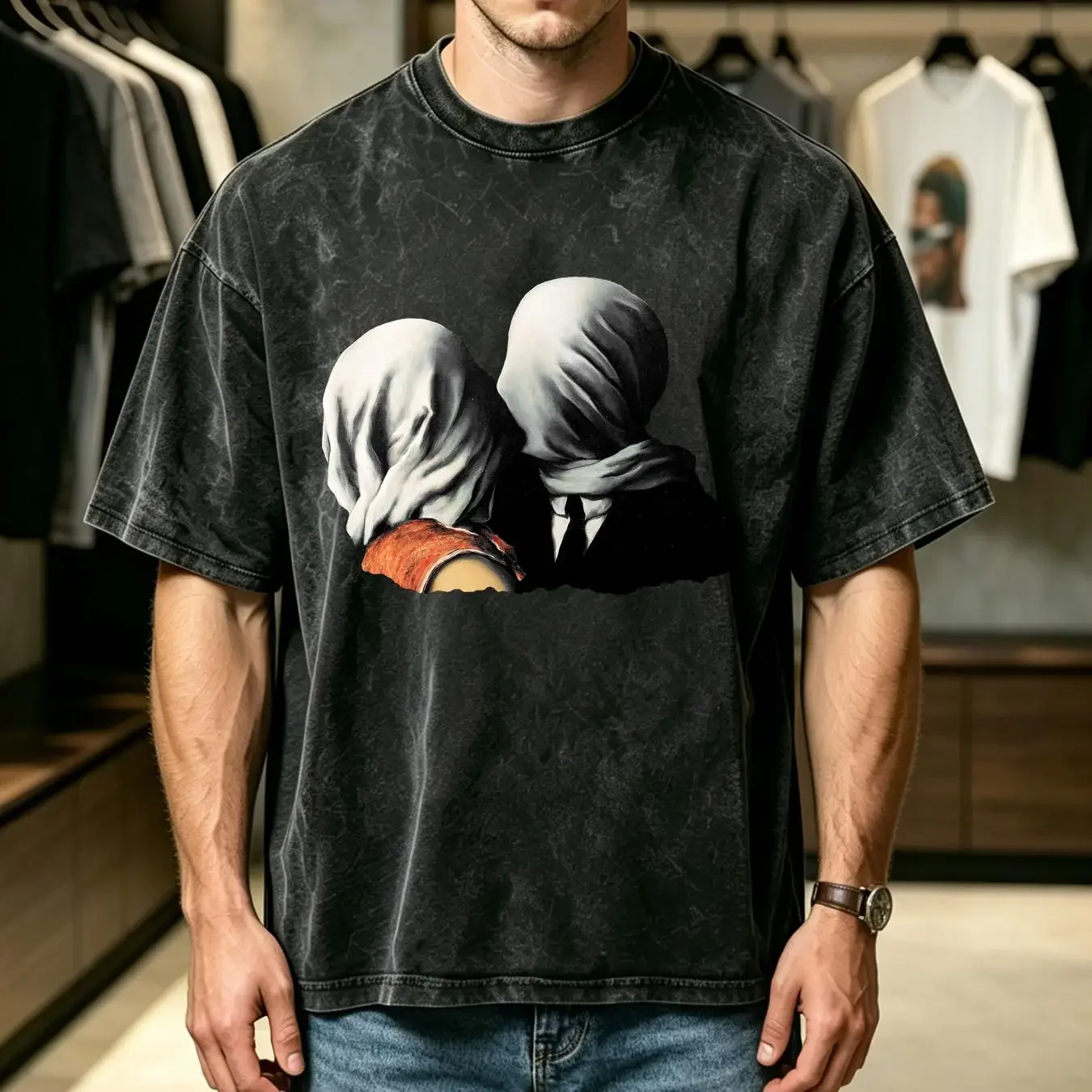 washed T Shirt Rene Magritte The Lovers II 1928 Artwork long sleeves vintage Washed streetwear Slightly graphic Comfortable