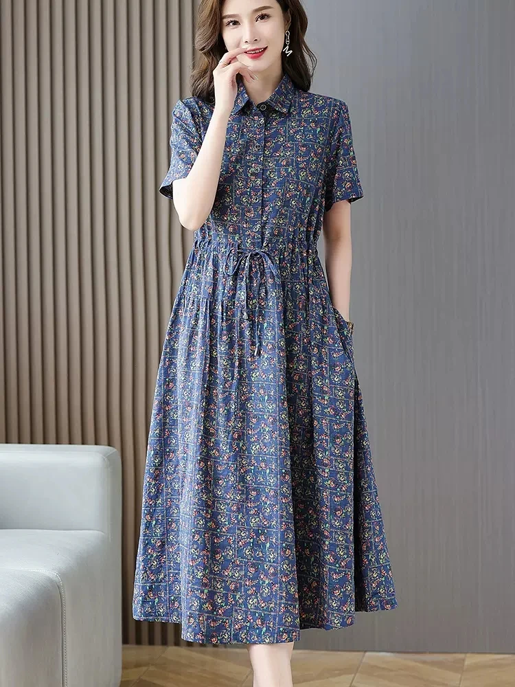 Cotton Dresses Women 2023 New Summer Elegant Floral Print Drawstring Maxi Dress Casual Loose Mommy Clothes Robe Femme 4XL