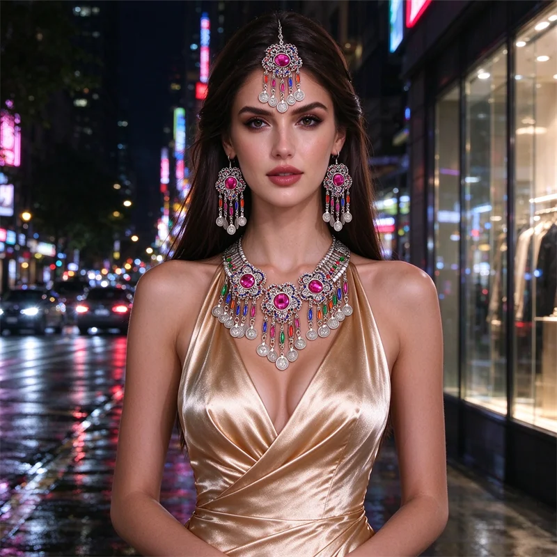 3PCS Gypsy Bohemian Ethnic Colorful Rhinestone Coin Tassel Necklace Earring Head Chain Headpiece Indian Traditional Jewelry Sets