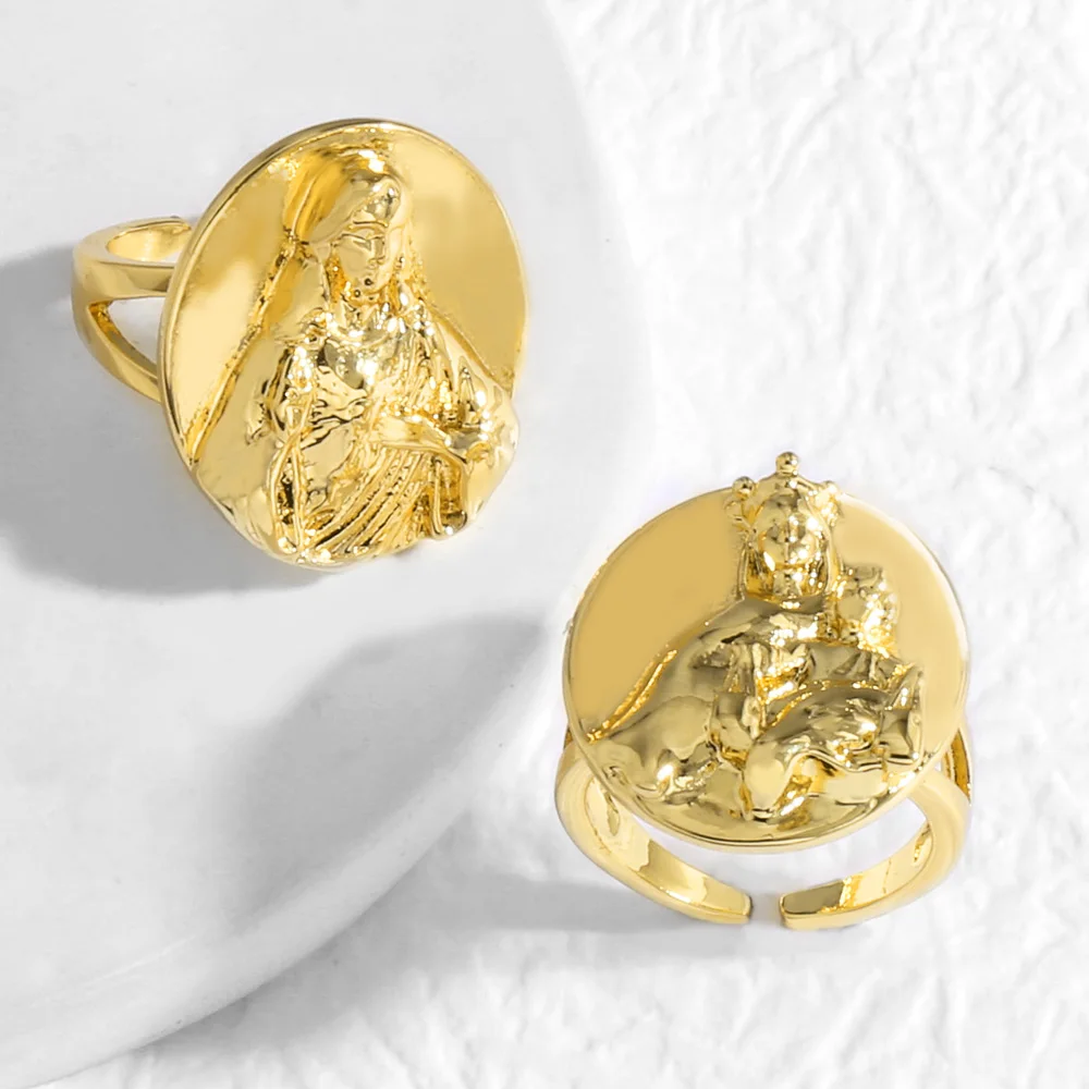 OCESRIO Trendy Polish Buddha Statement Women Rings Copper Gold Plated Virgin Mary Width Open Ring Women Fashion Jewelry rigk23