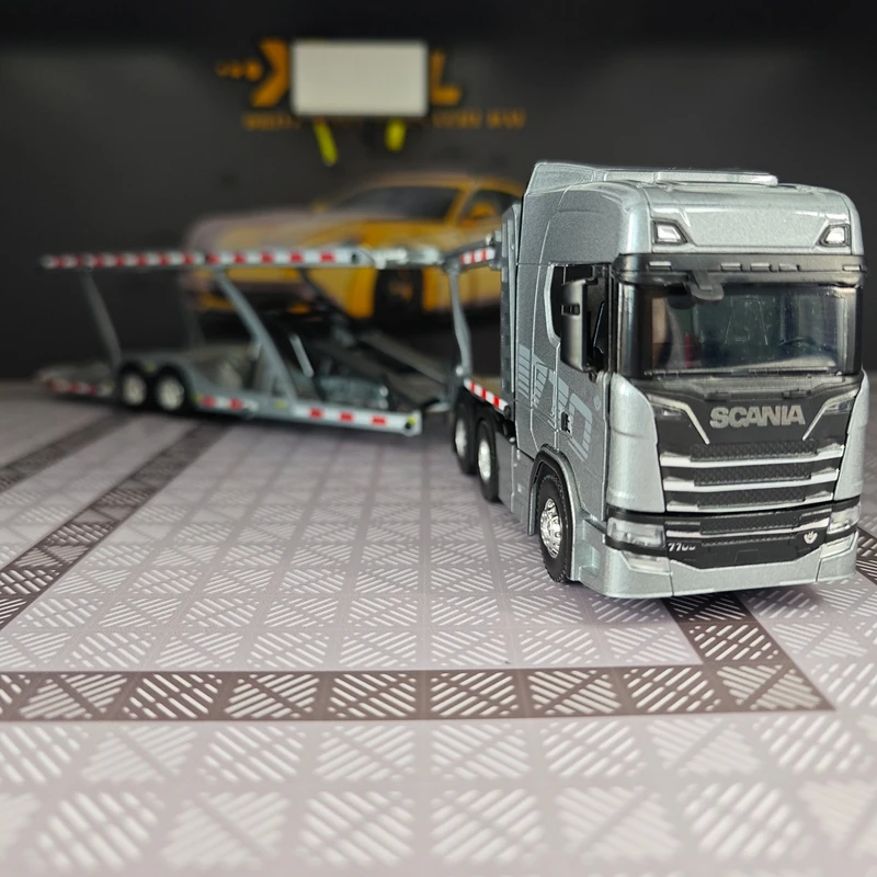 1:50 simulation Full alloy sliding Scania double decker transport vehicle model engineering flat trailer truck static ornament