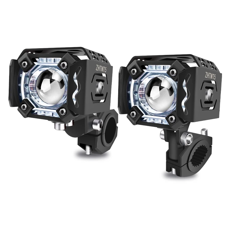 60W LED Motorcycle Lens Spotlight High and Low Beams White Yellow With Red DRL Auxiliary Fog Lamp Scooter Driving Headlights 12V