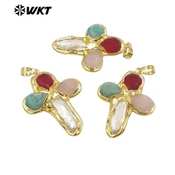 WT-JP382 Classic Cross Shape With Colored Natural Stone Pearl And 18k Gold Plated Pendant For Necklace Accessory