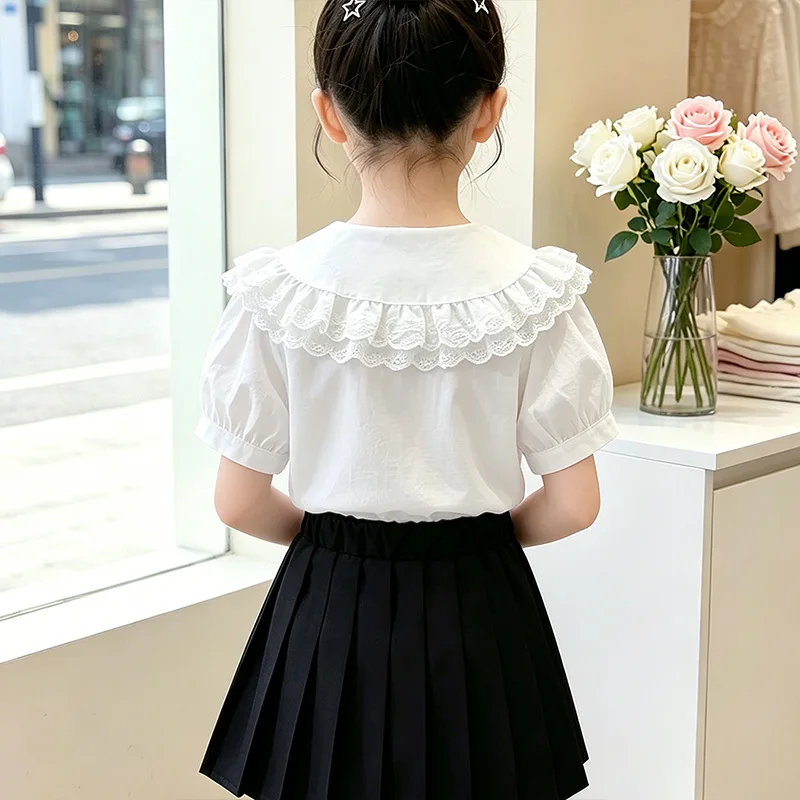 High-end short-sleeved shirt for girls blouse 2026 summer new children's cotton school campus wind lapel princess top