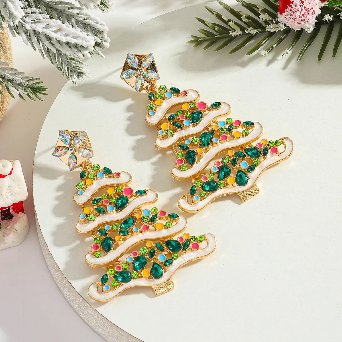 Cross-border Christmas design with diamonds, personalized Christmas tree earrings, colored diamond lights, stars, Christmas earr