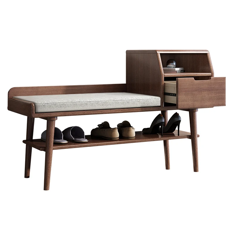 

Black walnut all solid wood can be worn, shoe changing stool, Nordic style with drawers, shoe cabinet, home door shoe rack