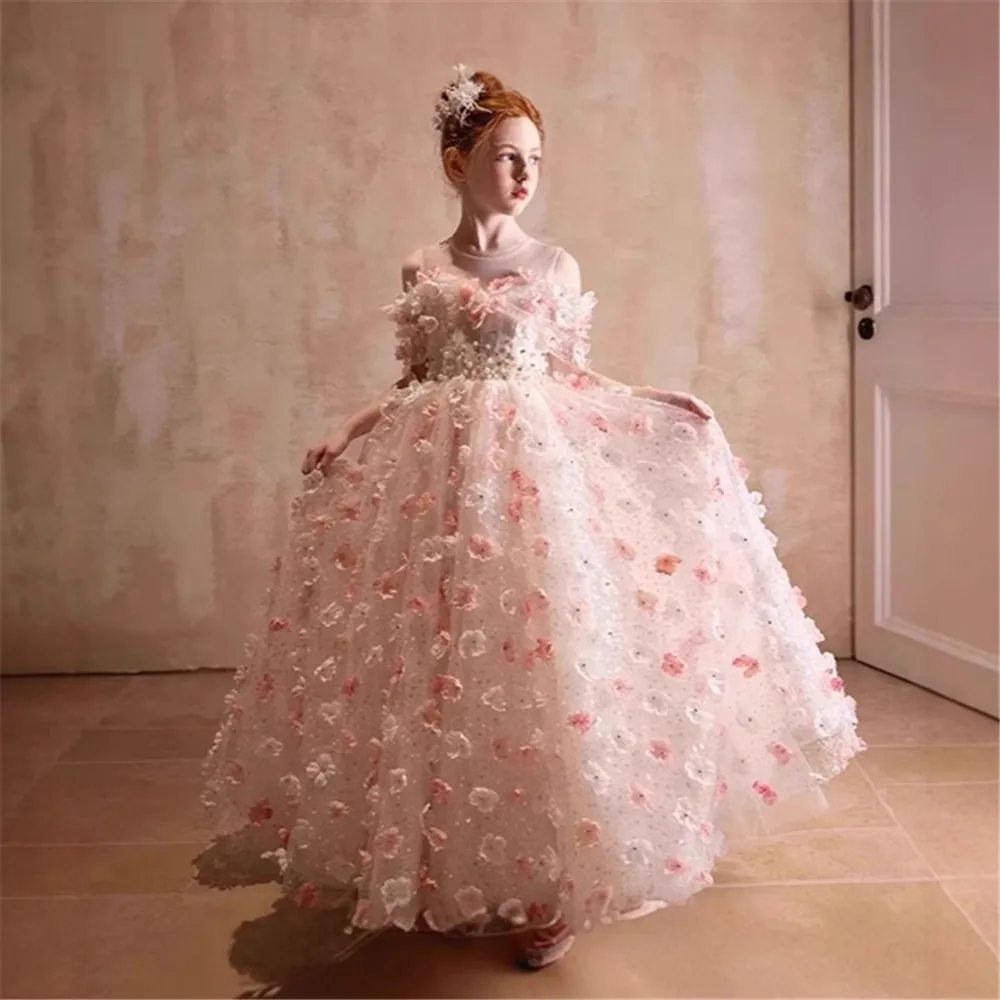 Abito da ragazza di fiore lilla di lusso Mezza manica Fiori 3D per bambini Abito da ballo per principessa, spettacolo di nozze, festa di compleanno