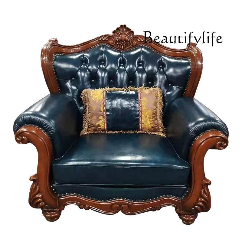

European sofa American leather solid wood sofa combination retro carved living room villa sofa