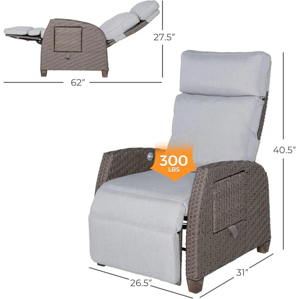 Cadeira reclinável interna e externa PE vime pátio reclinável com mesa dobrável poltrona reclinável, cinza névoa