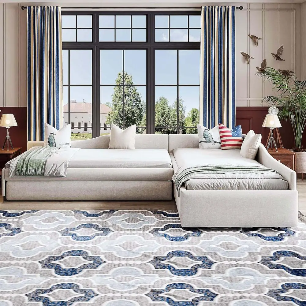 Double Twin Size Daybed with Trundle, Storage Drawer, L Shaped Corner Bed, Upholstered Sofabed, 3 Beds in One Design, No Box Spr - Image 3