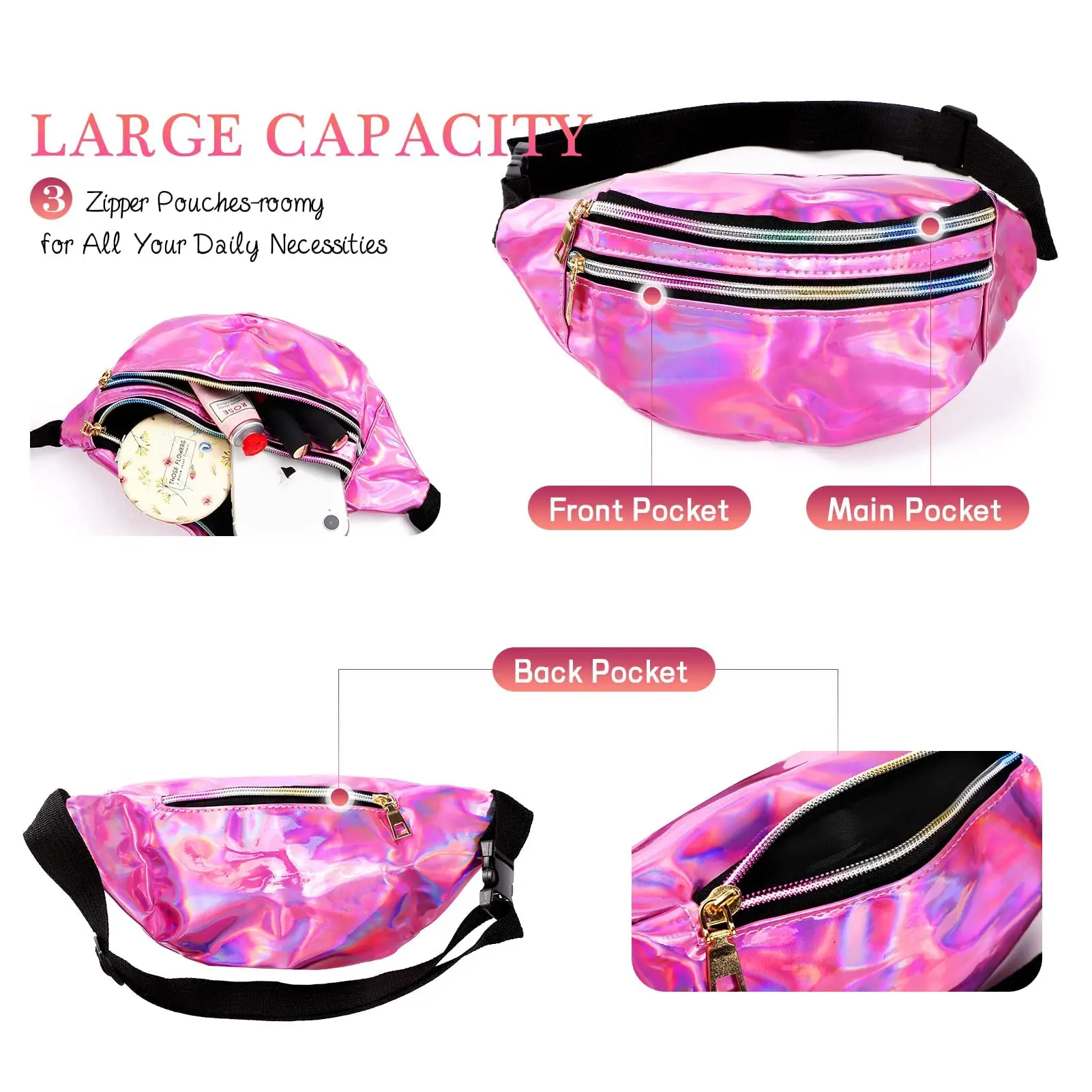 Fanny Packs Shiny Holographic Sweet Waist Bags Crossbody Waist Bag for Women Mens Fanny Pack Belt Bag for Running Hiking