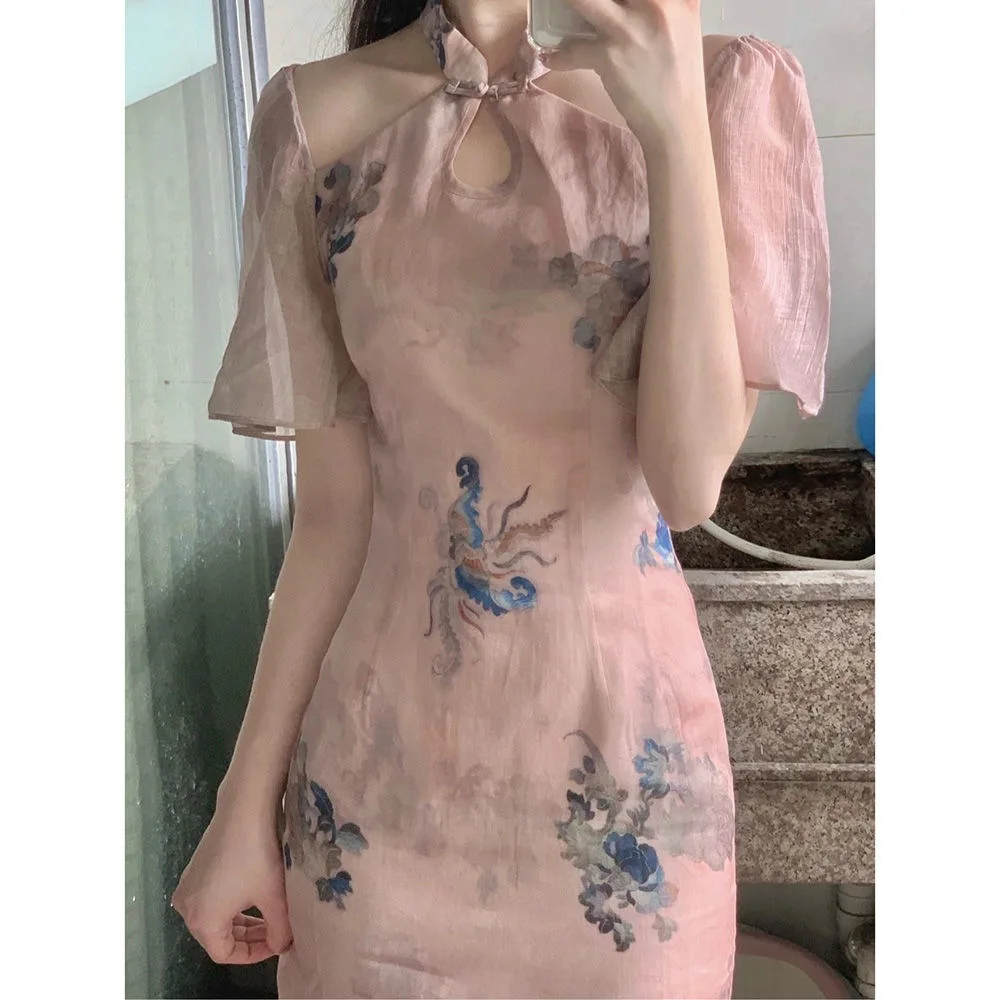 New Chinese Cheongsam Floral Loose Short Sleeve Vintage Halter Dress Slim Daily Costumes Sexy Qipao S To XXL