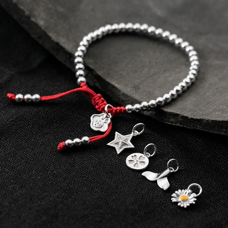 22cm Silver Bead 925 Sterling Silver Rope Bracelets Thread Line String Jewelry Bracelets For Women Girls Fish Flower Daisy Lock