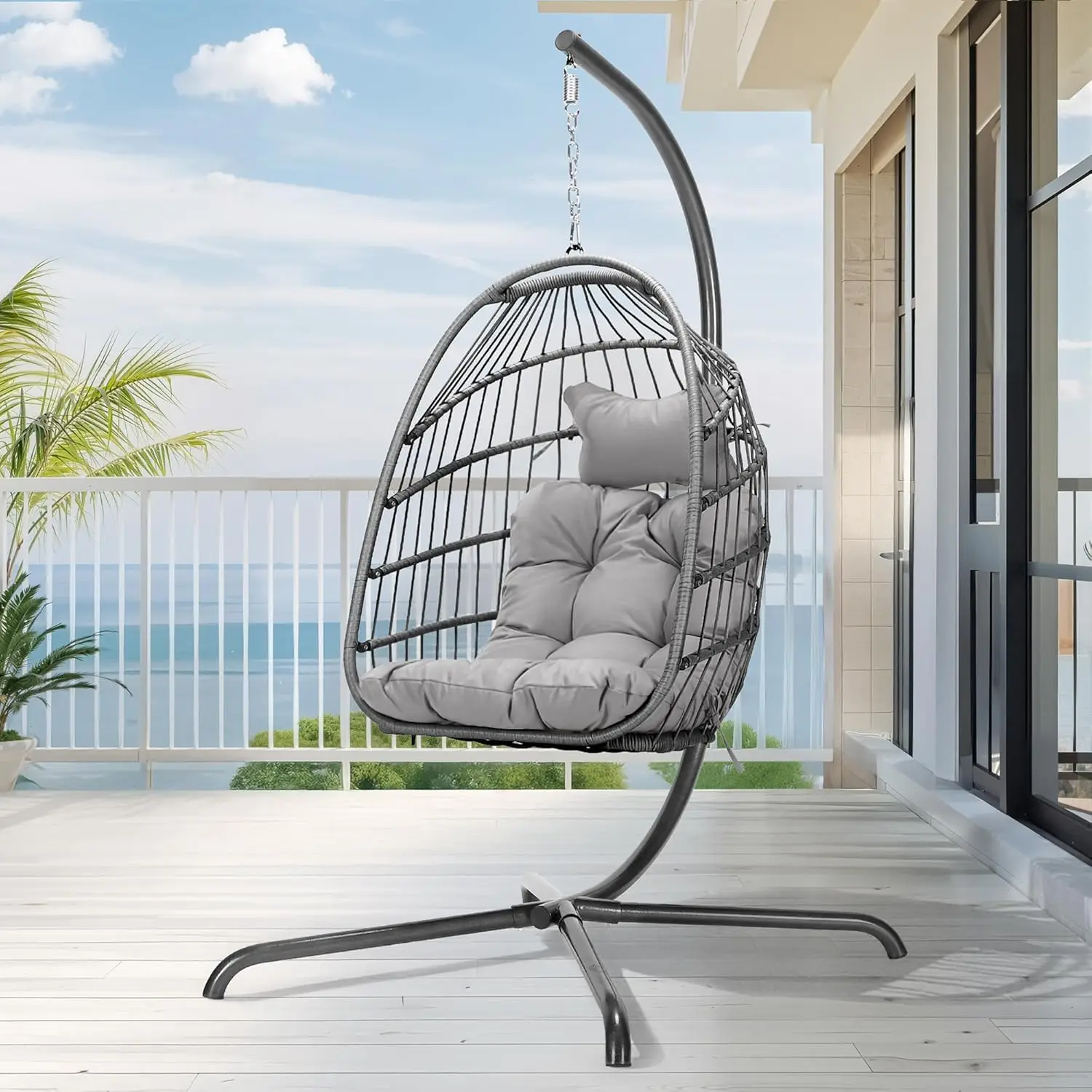 BLUEXYARD Patio Egg Chair for Outside, Foldable Eggshell Swing with Stand, 350 Lbs Cushioned Hammock Chair with Comfy, Water-Res