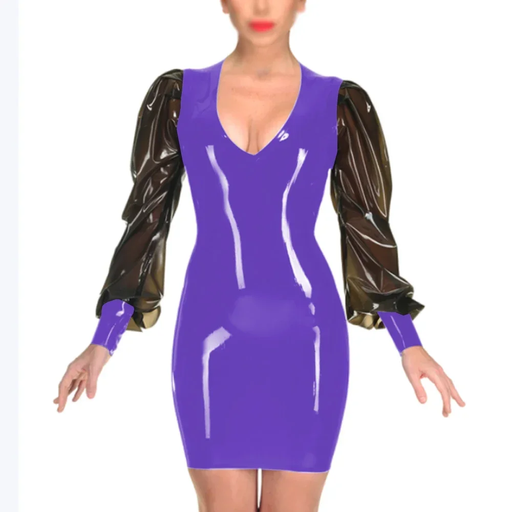 Female Sexy Long Puff Sleeve Mini Dress Nightclub Wetlook PVC Leatehr Bodycon Dress Sexy Mistress V-neck Party Gown Vestidos