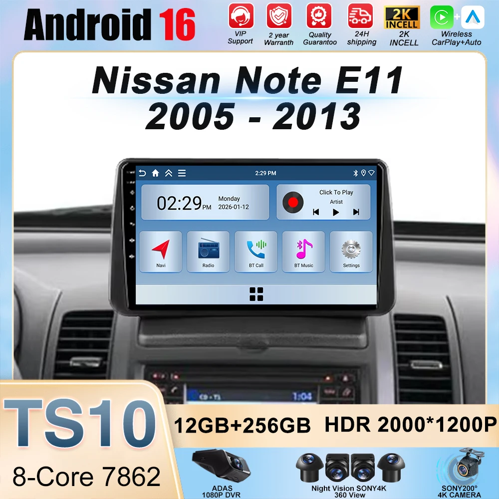 

For Nissan Note 2005 - 2012 Android 16 2K Car Radio GPS Multimedia Player Navi Head Unit Stereo Wireless Carplay Auto Video