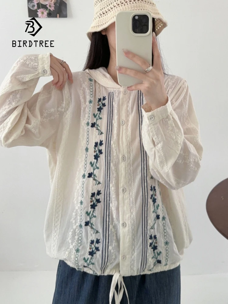

Новинка 2025, осенняя хлопковая рубашка с капюшоном и длинными рукавами, женская ретро-вышивка, свободная блузка Mori Girl French OL Sweet Chic T59322CC
