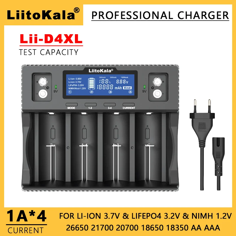 LiitoKala Lii-D4XL 402 M4 21700 18650 3.7V  26650 26700 32700 D AA AAA 9V LCD Display Battery Charger