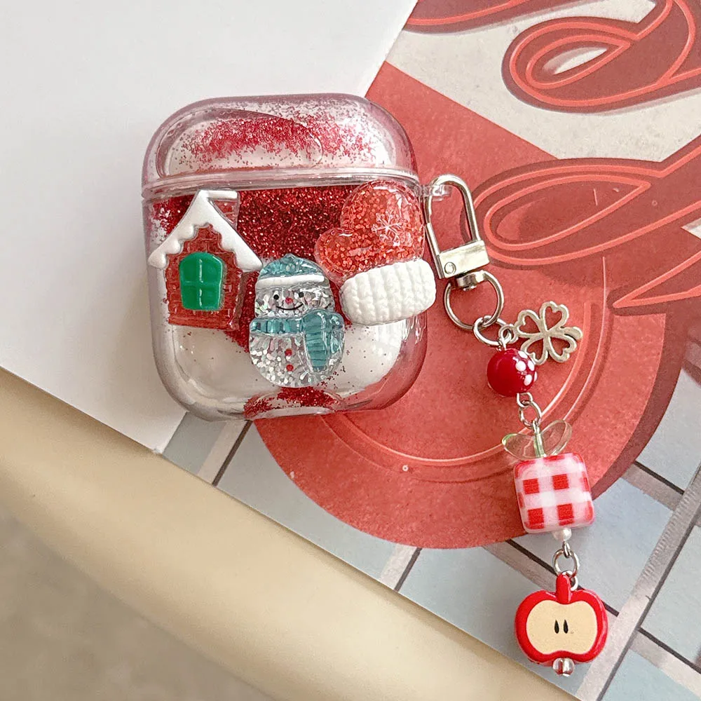 Christmas 3D Snowman Gloves Shiny Quicksand Case For AirPods Pro3 2025 Airpod 4 3 2 Pro 2 Luxury Moving Sand Earphone Hard Cover