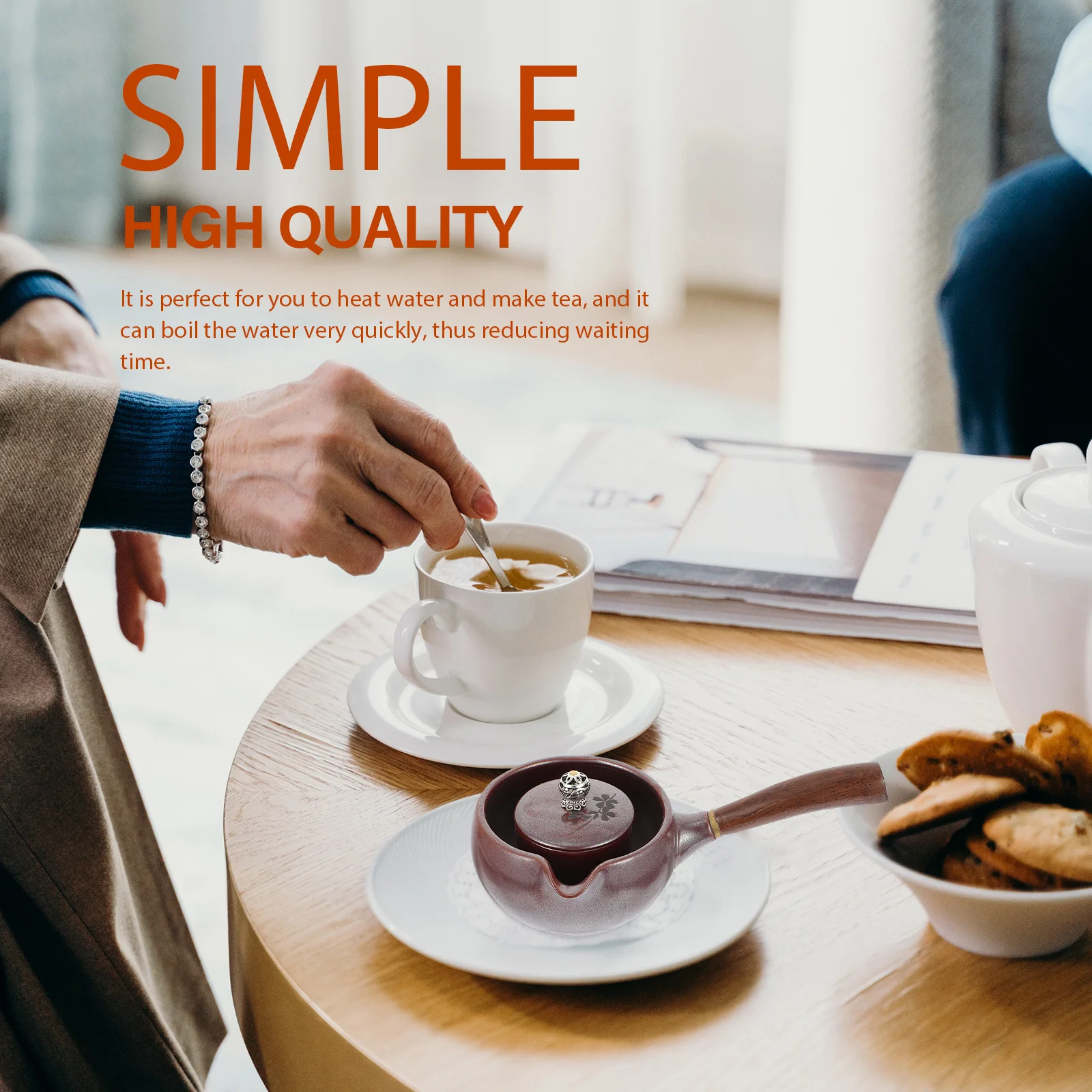 

1Pcs Ceramic Tea Kettle Retro Style Leakproof Pouring Home Office Teapot with Wooden Handle Heat Resistant