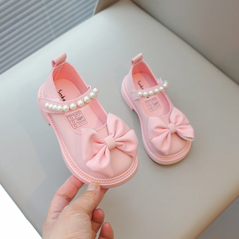 New Children\'s Leather Shoes Fashion Girls Party Shoes Sweet Bowtie Kids Princess Causal Pearl Ballet Performance Dress Shoes