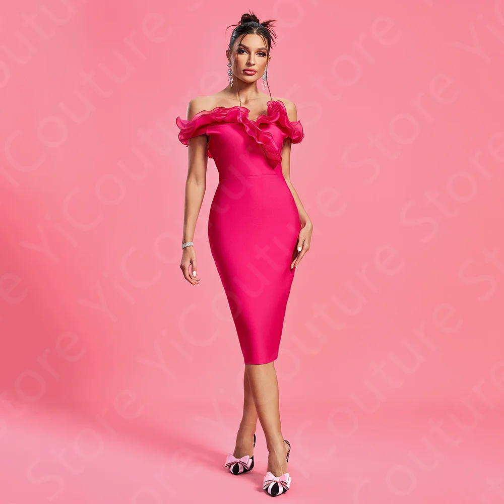 

Customized Classic Rose Cocktail Party Dresses 2024 Tea Length Homecoming Gowns Off Shoulder Sleeves Pageant Dresses Open Back