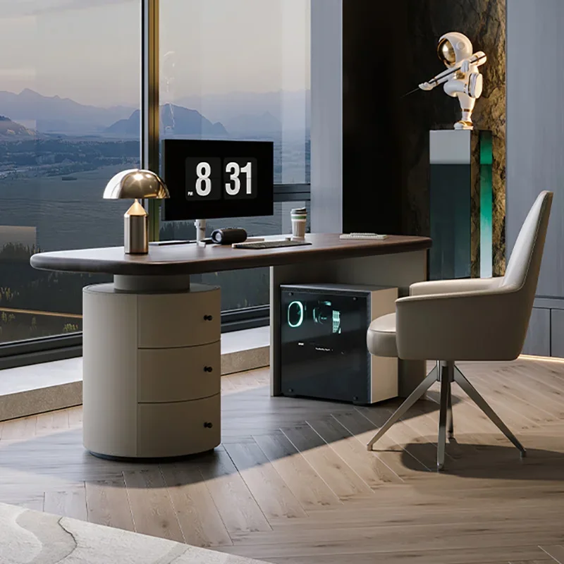 

Fashion Wooden Rounded Corner Desk with Drawer Storage Cabinet,Contemporary Writing Table for Home Office or Study Room