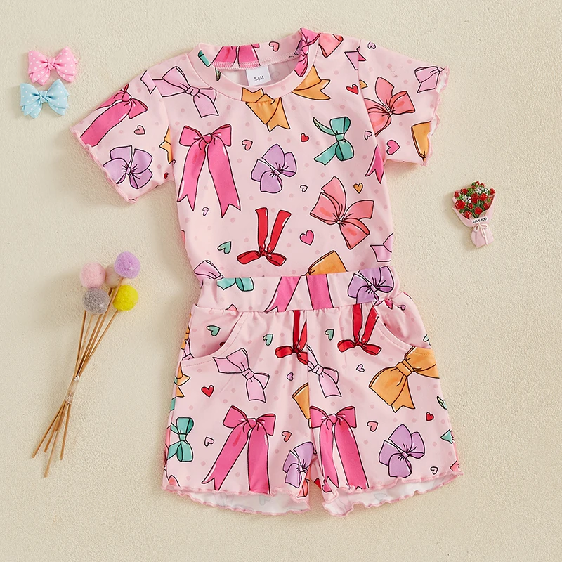 Maluch dziewczyna letnie stroje nadruk z kokardką wycięcie pod szyją t-shirty z krótkim rękawem topy spodenki 2 szt. Zestaw ubrań