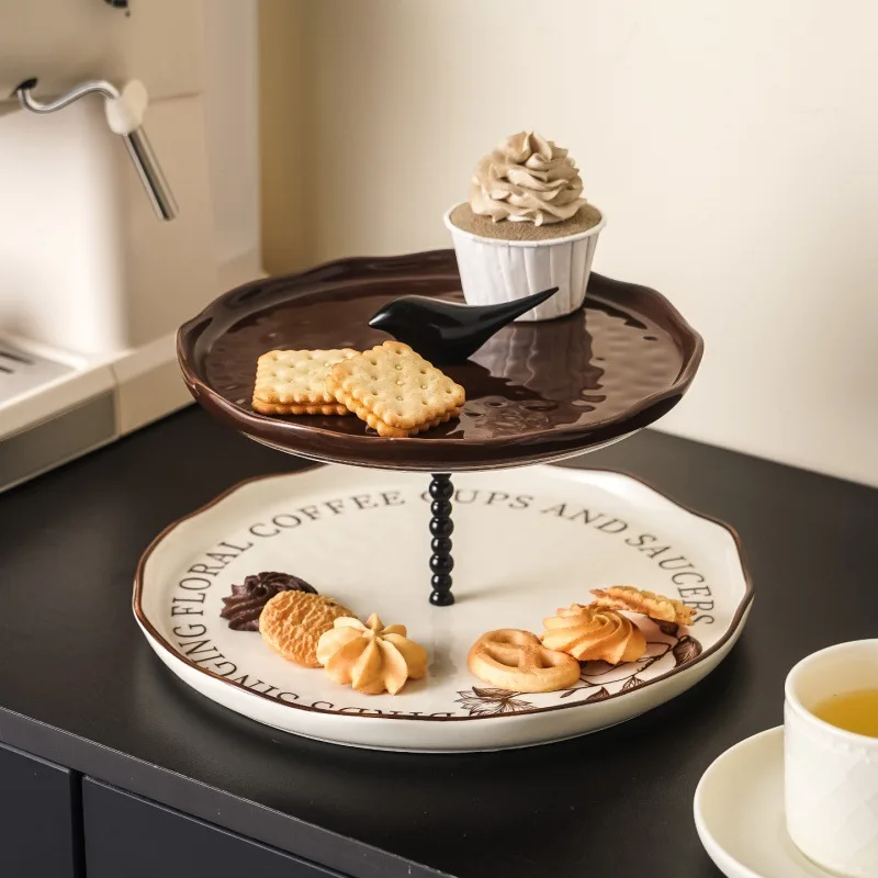 Floral & Bird Pattern Ceramic Tiered Plate, 2-Tier Fruit Tray & Dessert Stand, Serving Platter for Home Tea Time & Reception