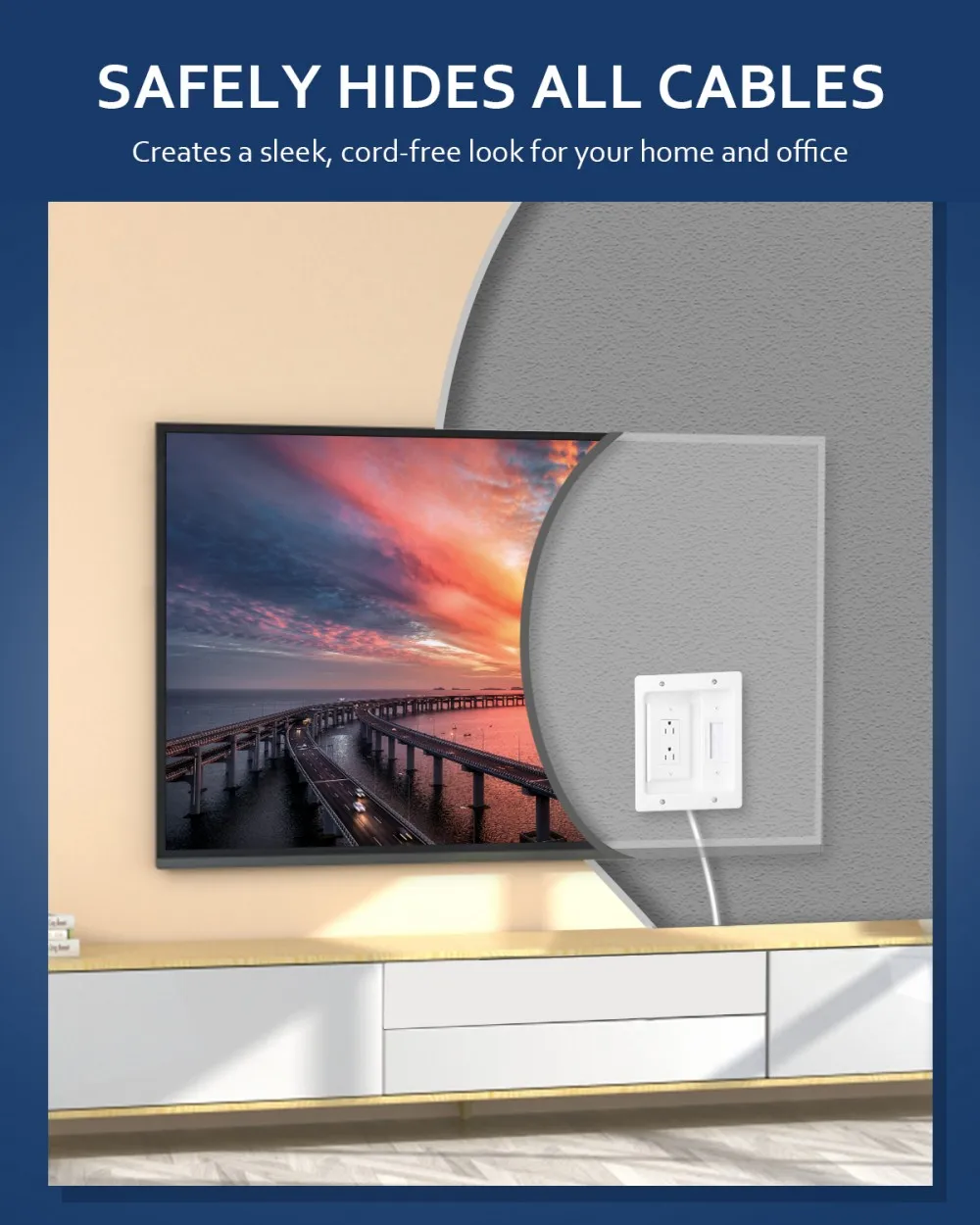 Awapow Recessed Outlet Box in Wall Cable Management Kit 15A 125V Hide TV Power Cables & Low Voltage Wires Behind the Wall White view 2