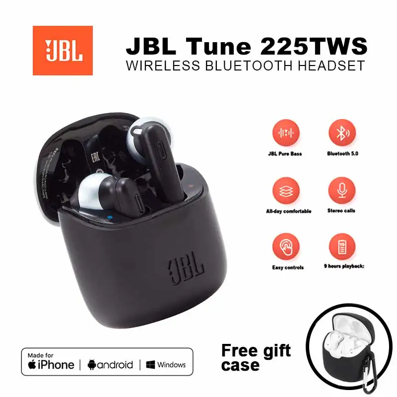 Original JBL Tune 225TWS True Wireless Bluetooth Earbud Headphones Stereo Earbuds Bass Sound Headset T225 TWS with Free cover