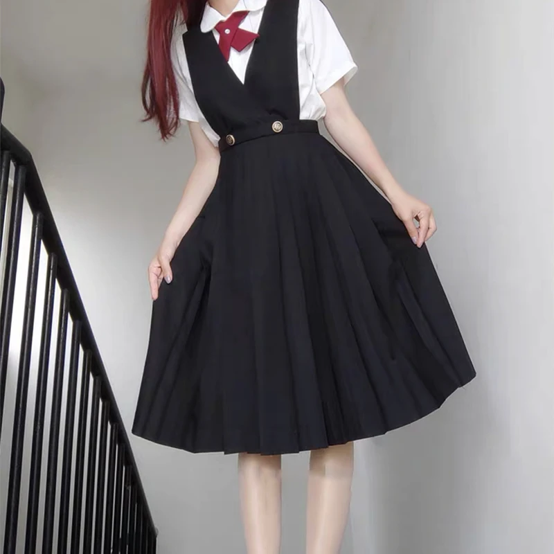 Japanese Girl's JK High School Uniform Long Pleated Dress Student Summer Sleeveless Pinafore Dress Japan Class Suspender Skirt