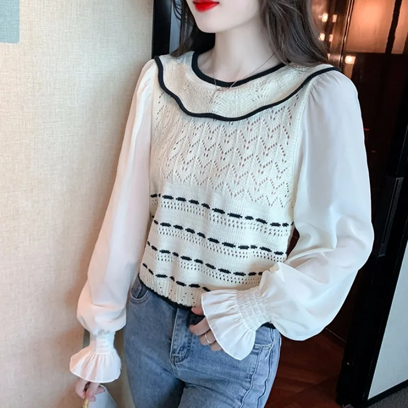 Female Knitted Chiffon Patchwork Top Women's Spring Autumn 2023 New Popular Sweater Western Style Lace Bottoming Shirt