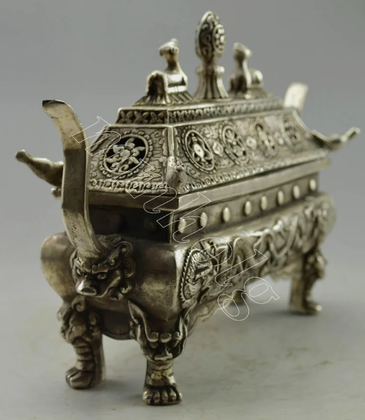 Fine Antique Old Handwork Tibet Silver Tower Dragon Incense Burner 