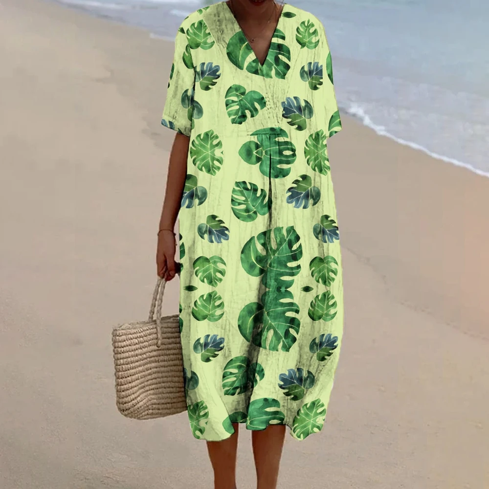 

Green Plant Print V-Neck Casual Longuette Long Skirt Half Sleeves Dresses Full Printing Oversize Summer Costumes Resort Frocks