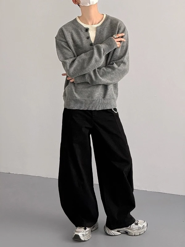 Loose Fit Knitted Sweater Fake Two-Piece Henry Collar Men's Autumn Winter New Sle Casual ey Sweater Korean Sle Faion