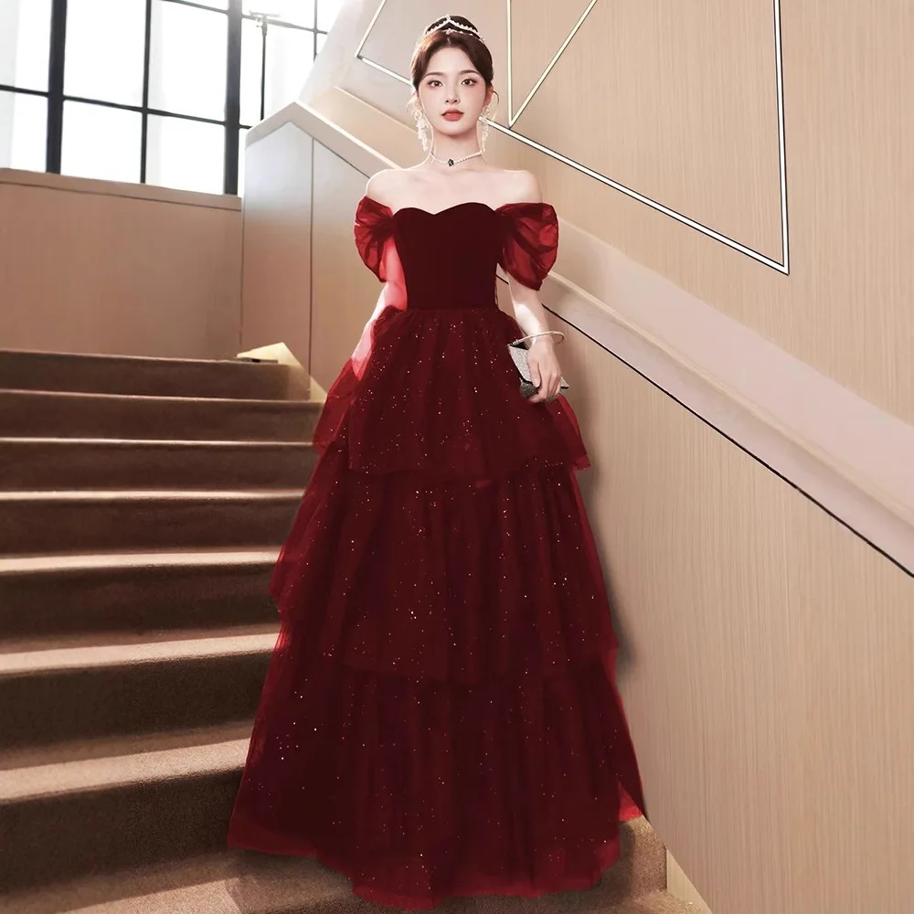 

Elegant Burgundy Prom Dresses Off Shoulder A Line Birthday Long Formal Evening Party Gown In Stock BM331
