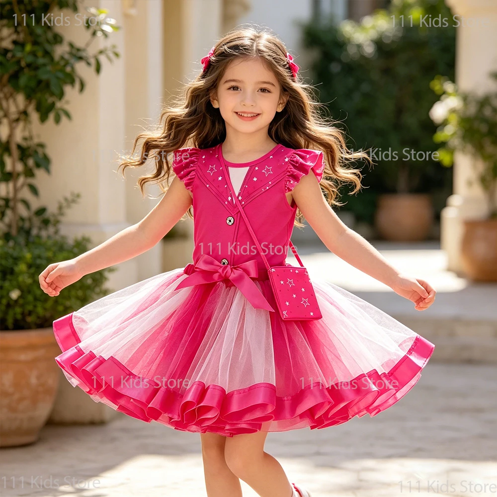 

2026 New Kids Pink Princess Dress 3Pcs Sets for Children Summer Dress Up Top+Skirt+Bag Outdoor Costume Girls Birthday Gift 3-8Y