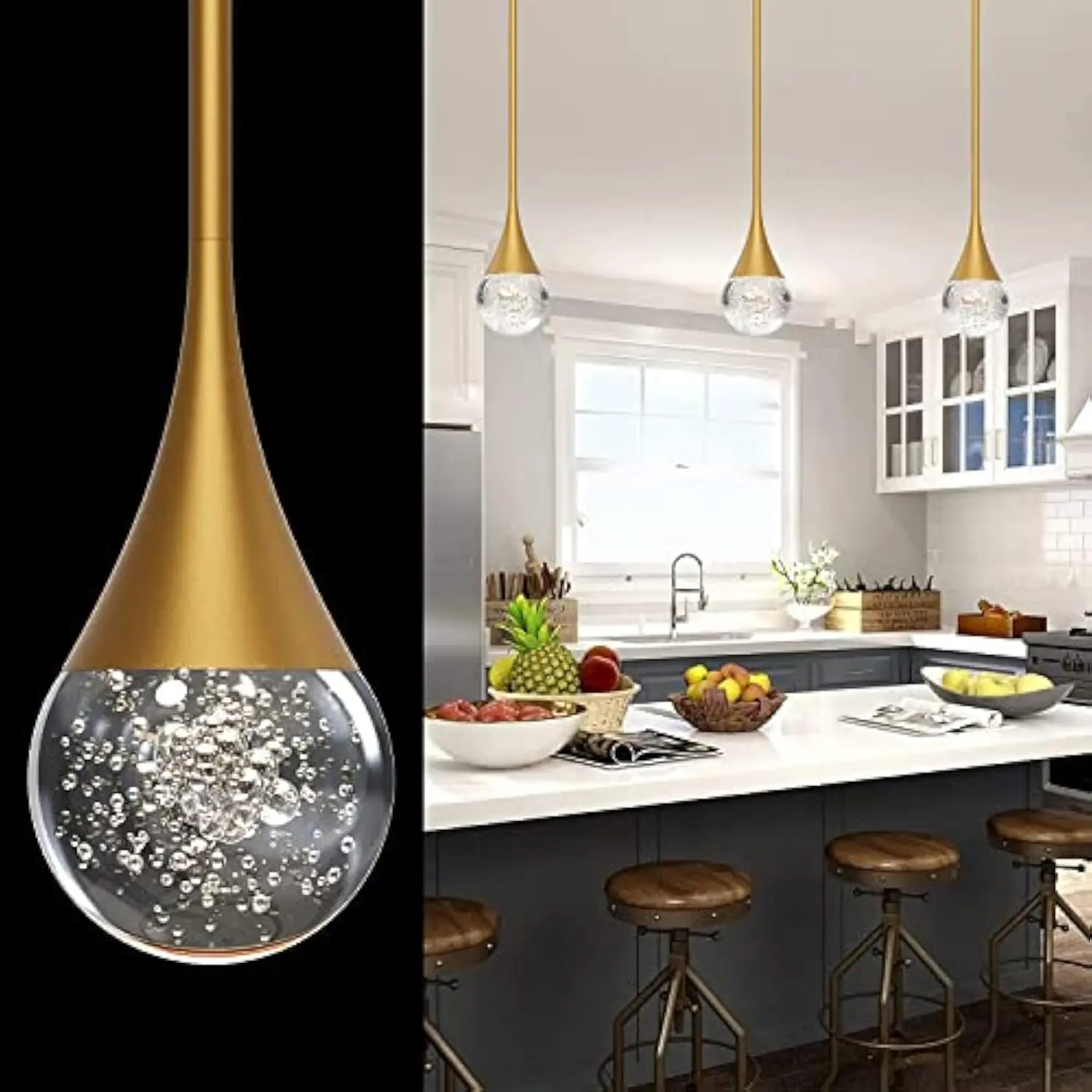 

Gold Pendant Light for Kitchen Island, Bubble Crystal Pendant Light LED Kitchen Island Lighting Modern Pendant Light for Kitche