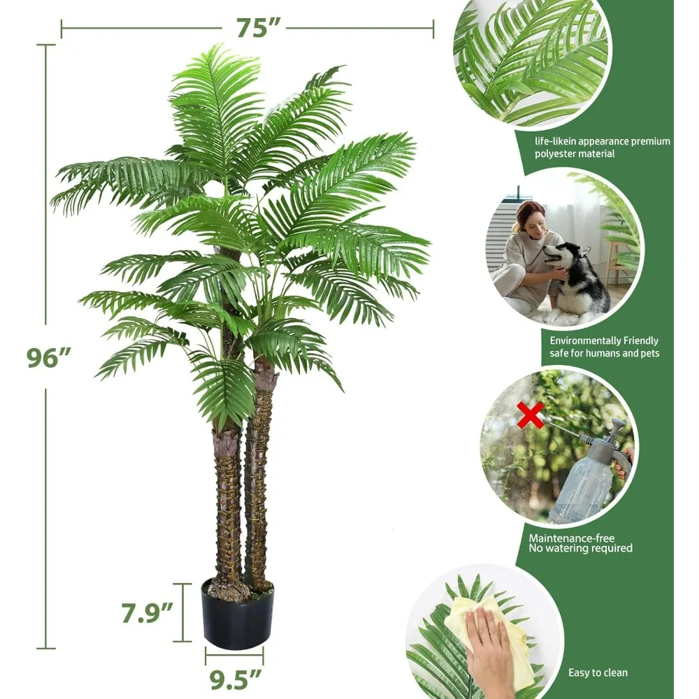 8FT Artificial Phoenix Palm Tree for Home Decor Outdoor Indoor,  96 in Triple Trunks Tall Faux Plants with Pot, 2Pack