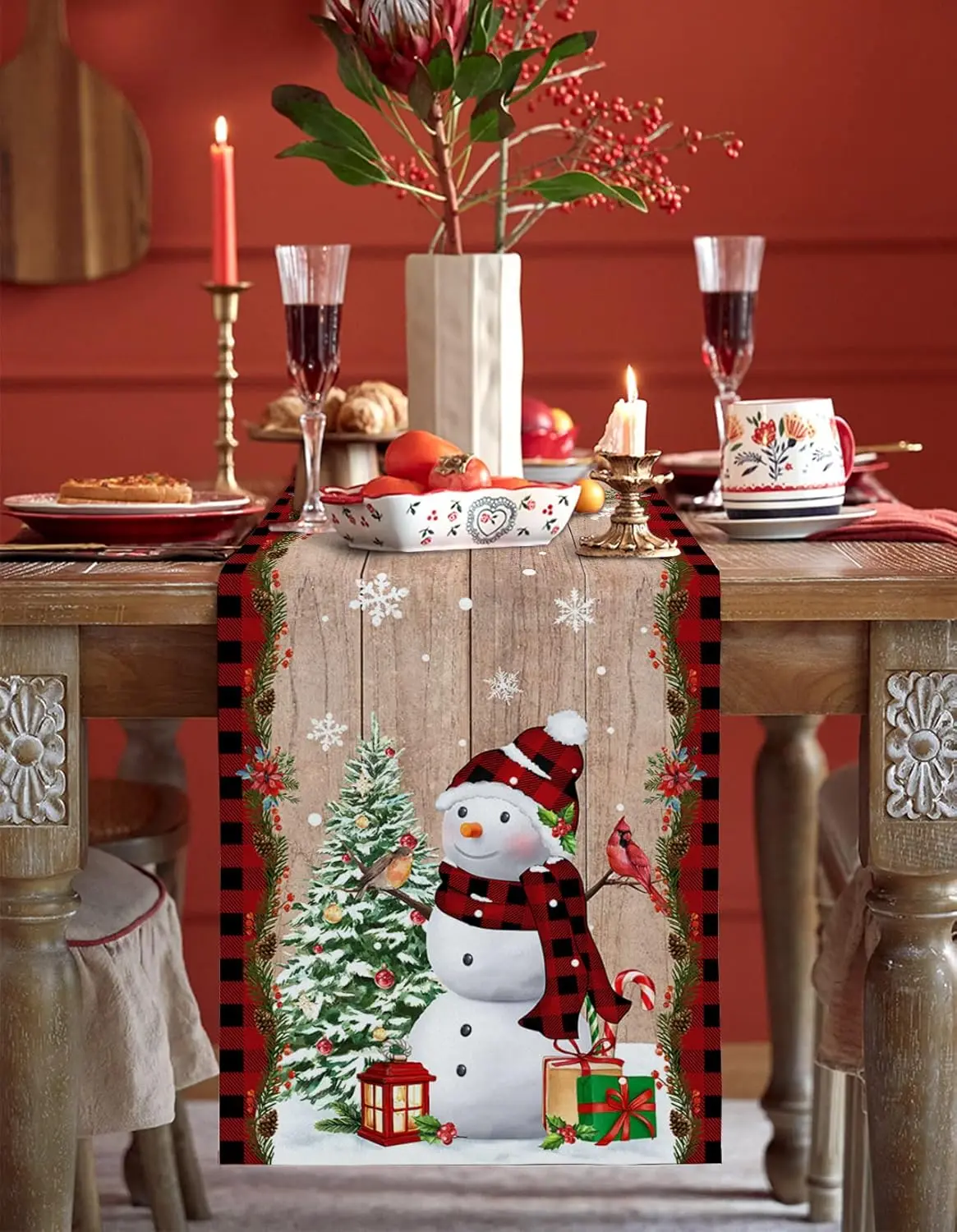 Christmas Snowman Xmas Tree Snowflake Wooden Plaid Linen Table Runners Room Decor Durable Table Runners Christmas Detoration