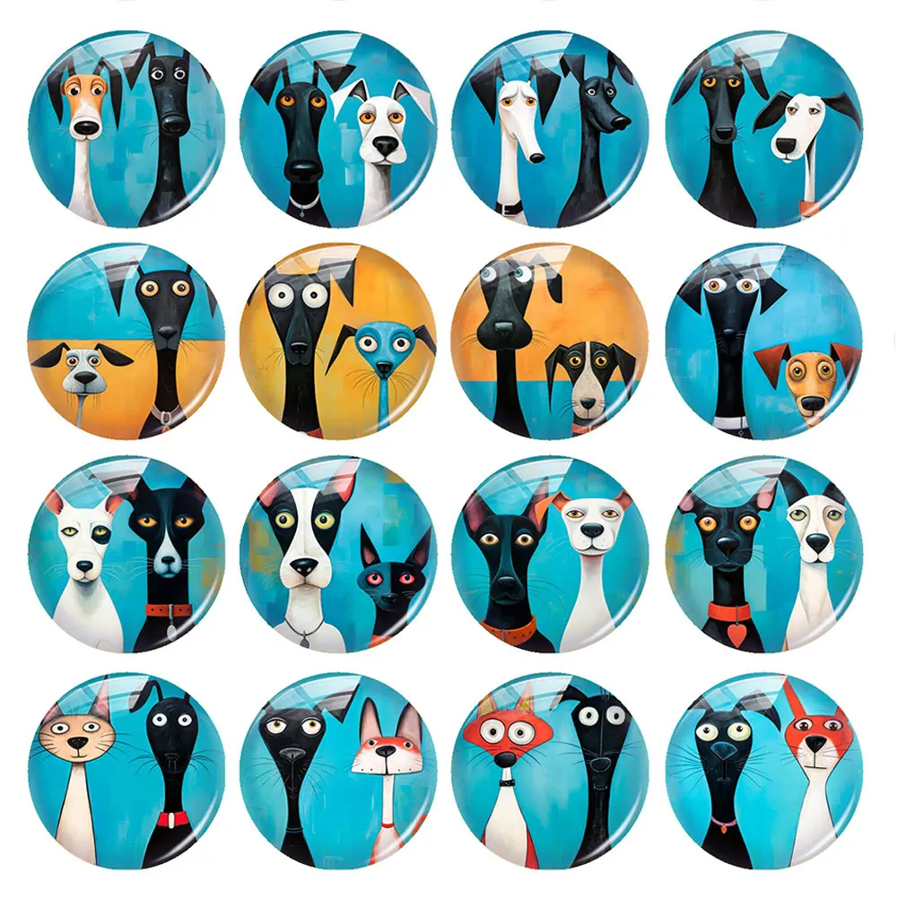 Random Mixed Round/Oval/Square Cute Couple Dog Cartoon Puppy Photo Glass Cabochon Flatback Demo Cameo For Diy Jewelry Making